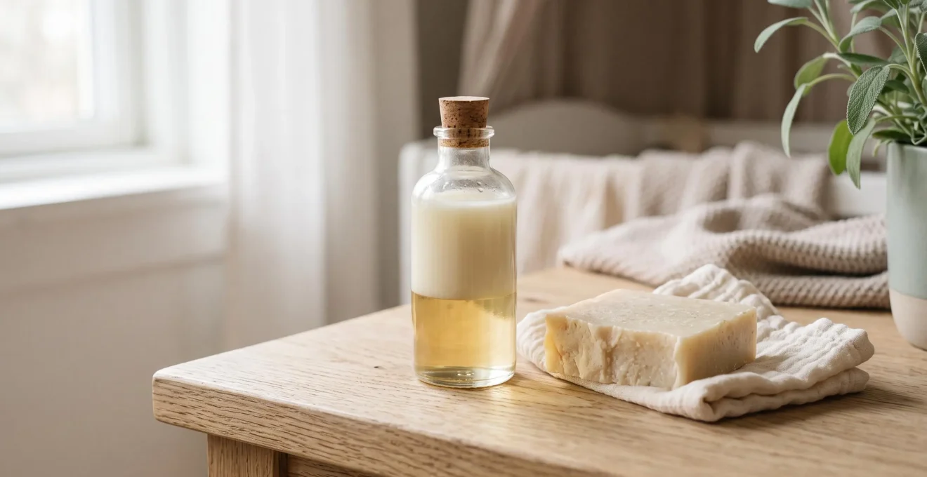 Composition minimaliste de produits essentiels pour bébé sur une surface en bois clair : un flacon de liniment et un savon solide naturel